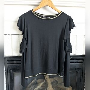 Melanie Lyne Black Ruffle Shoulder Top Gold Trim Long Sleeve Size M